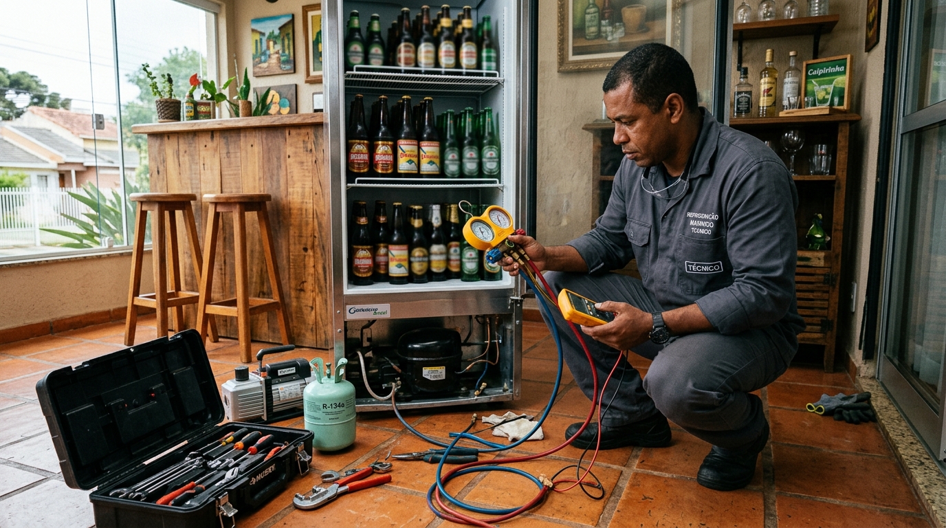 Técnico realizando manutenção de motor de cervejeira no PTB, Betim‑MG