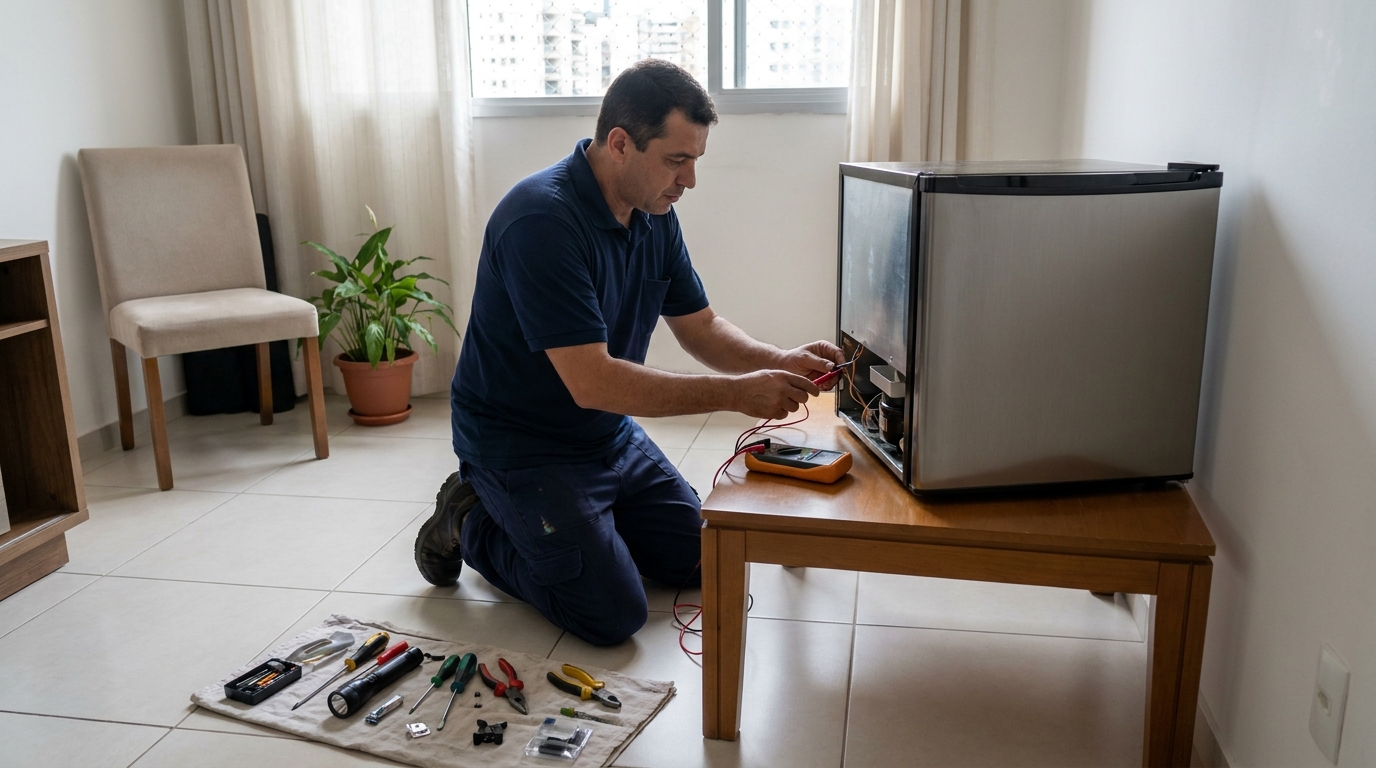 Técnico realizando manutenção de motor de frigobar na Capelinha, Betim‑MG