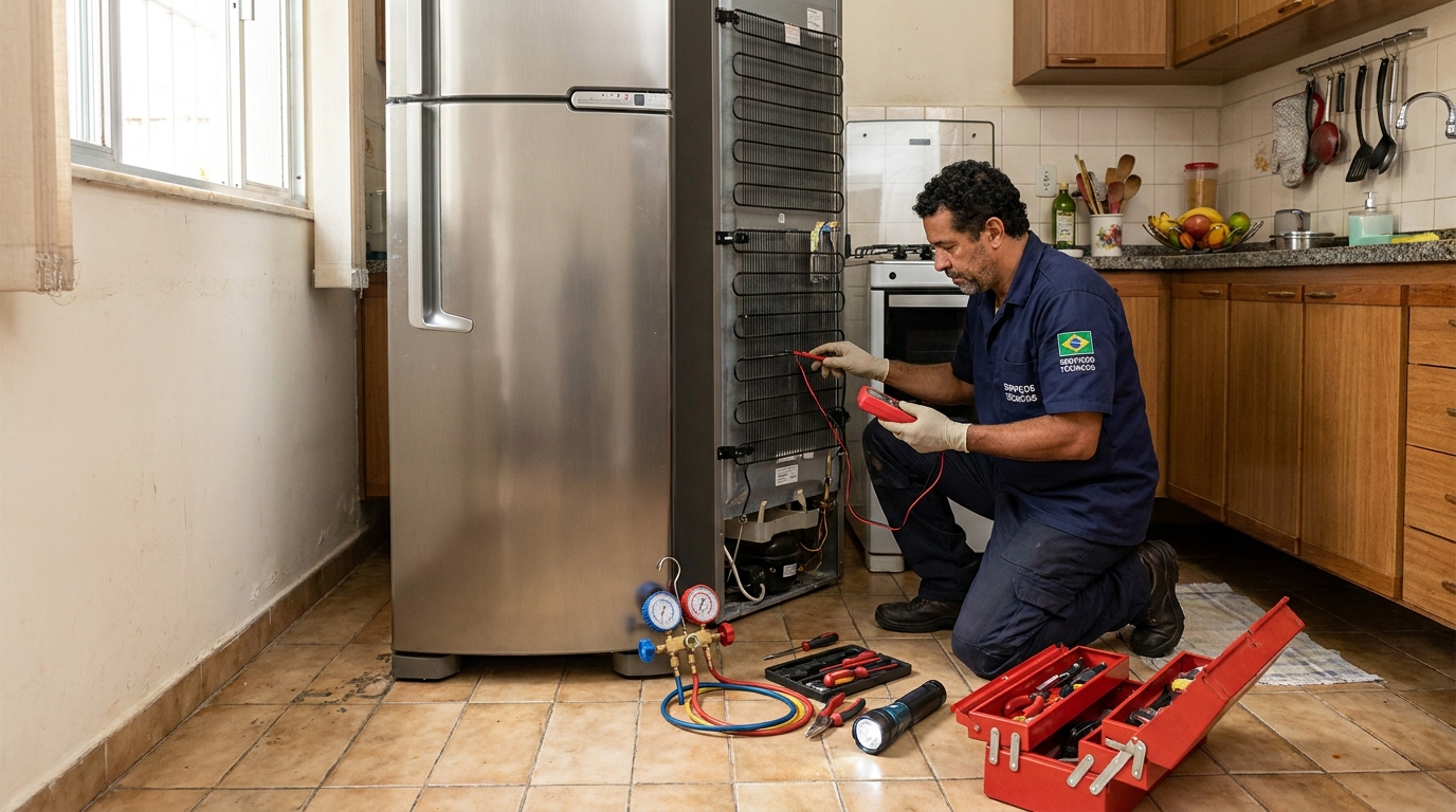 Técnico realizando manutenção de motor de geladeira na Cachoeira, Betim‑MG