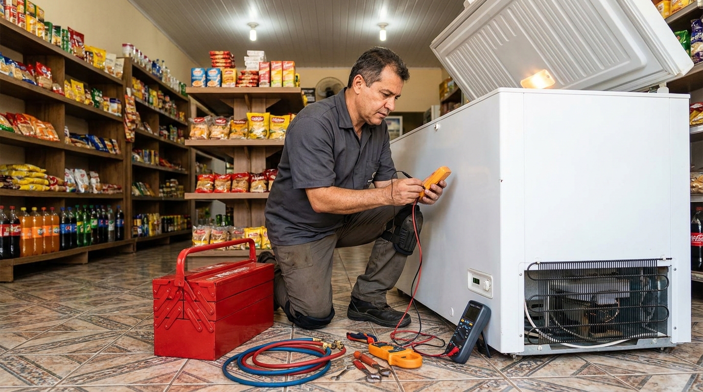 Recarga de gás refrigerante em freezer em atendimento no Centro, Betim‑MG