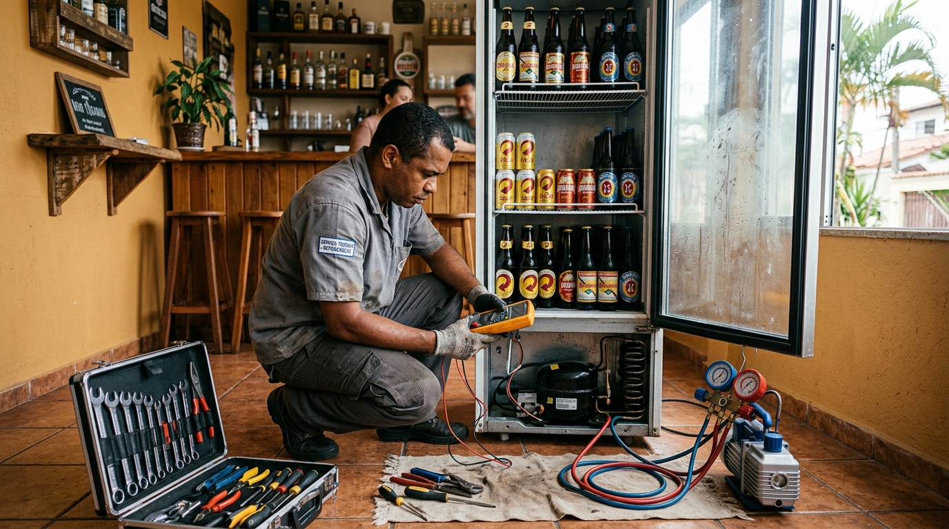 Troca de termostato de cervejeira em atendimento técnico no PTB, Betim‑MG