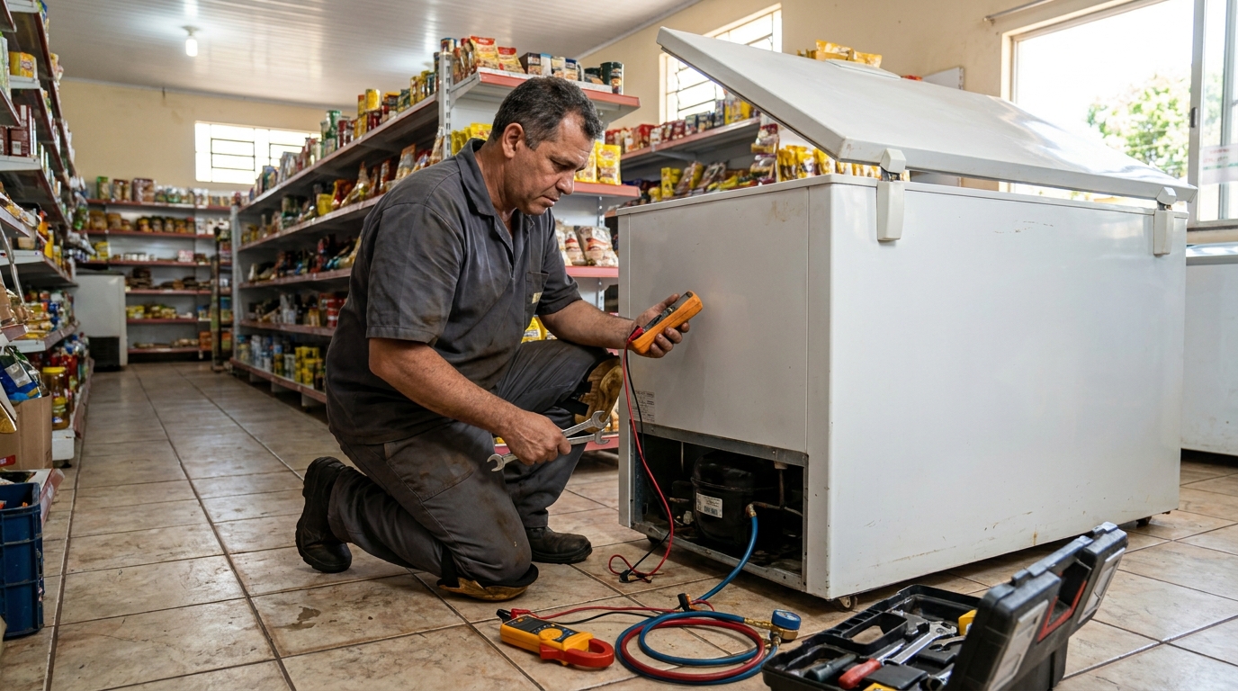 Troca de termostato de freezer em atendimento técnico no Centro, Betim‑MG